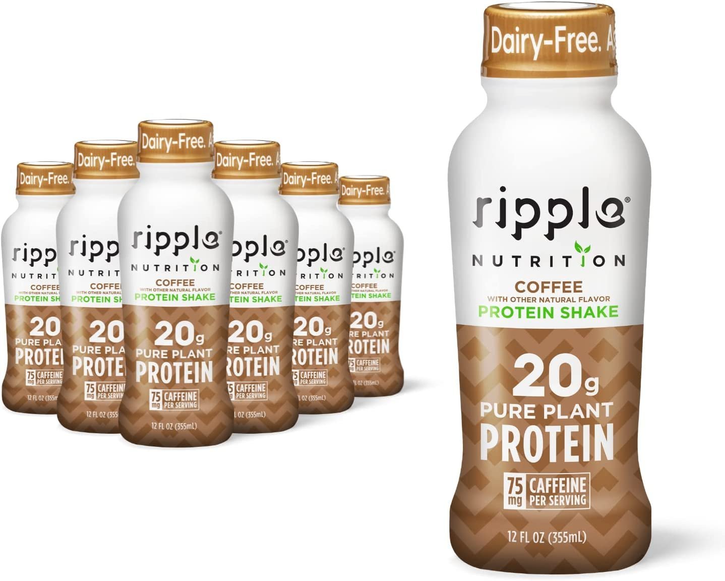 Ripple Vegan Protein Shake | Coffee Flavor | 75mg of Caffeine | 20g Nutritious Plant Based Pea Protein | Shelf Stable | Free of GMOs, Soy, Nut, Gluten, Lactose | 12 oz, Pack of 12