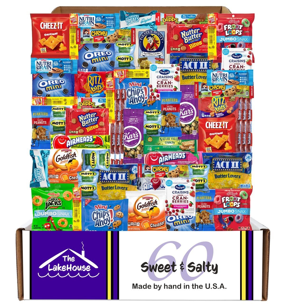 LakeHouse Salty Sweet 60 Snack Box - Snacks Variety Pack for Adults Inmates Soldiers - College Care Package Gift Basket - Office Snacks - Snack Packs
